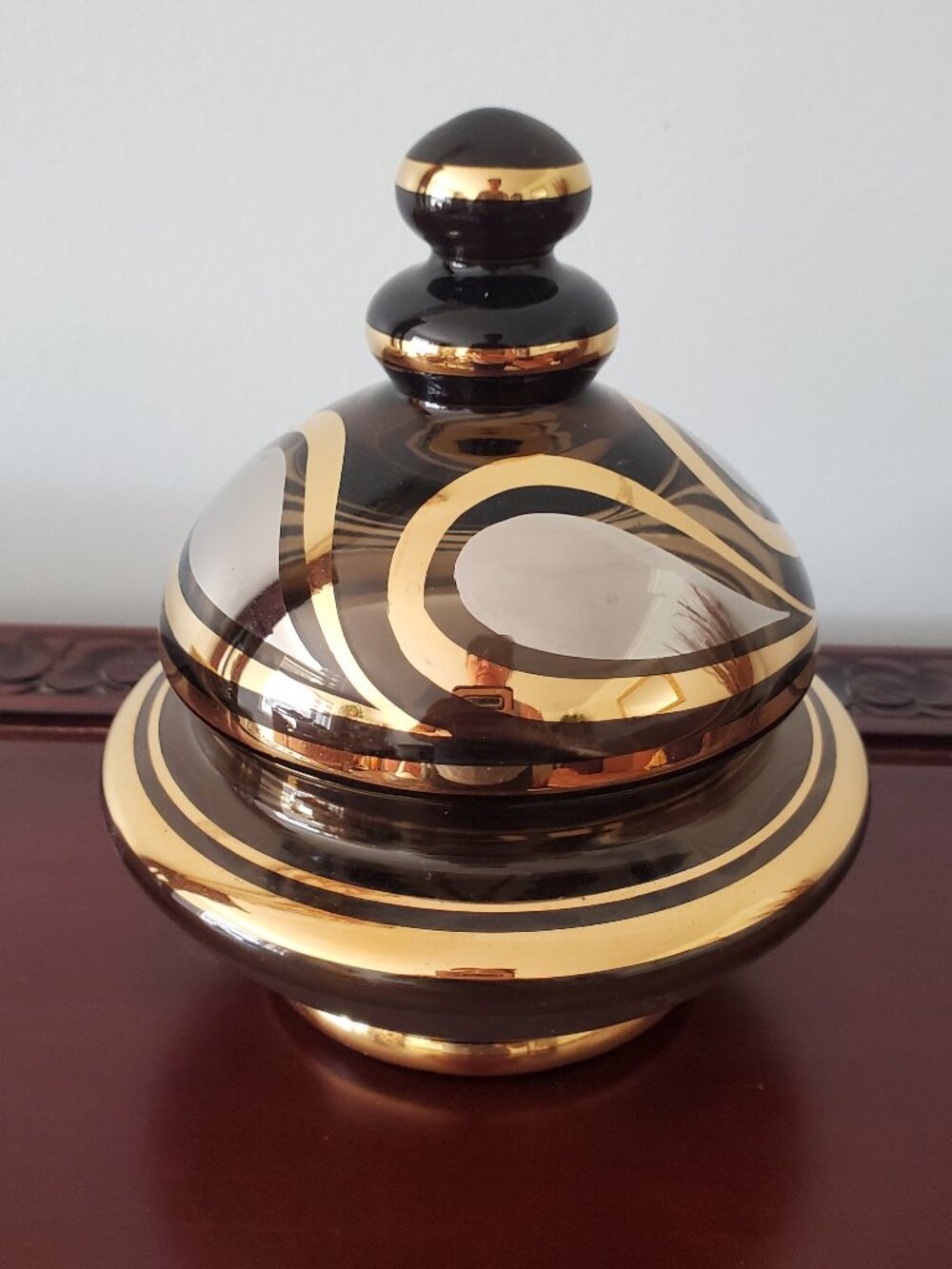 Vintage Mid-Century Bohemian Czech Glass Lidded Candy Bowl Silver & Gold Gild